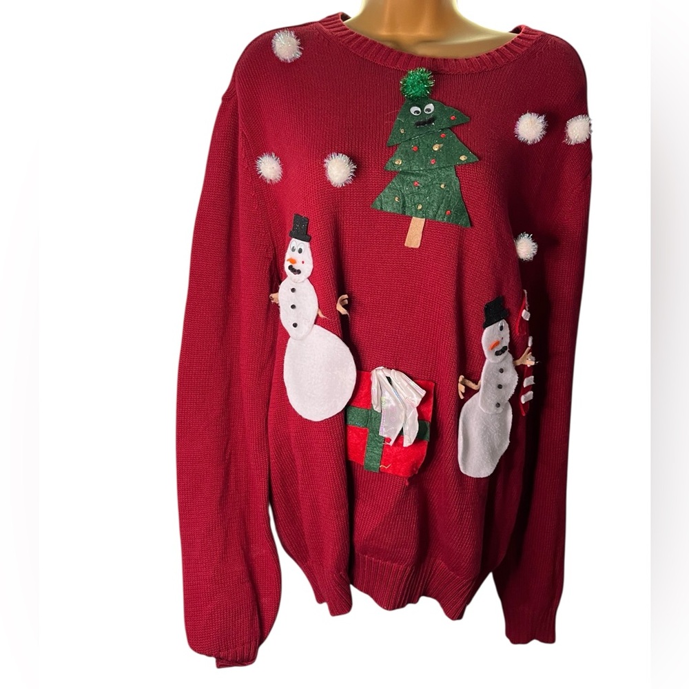 St. John’s Bay Pullover DIY Ugly Christmas Sweater Felt Snowmen Red L